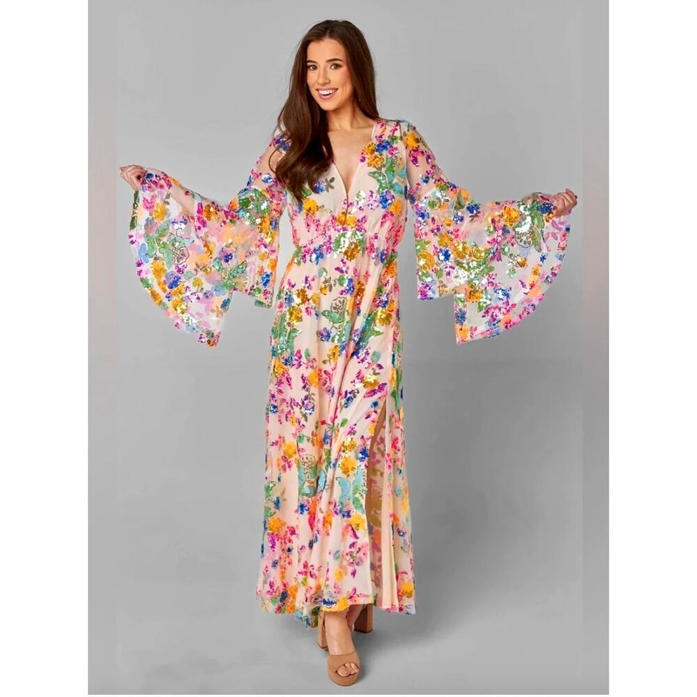 NEW BuddyLove Colette Paradise Bell Sleeve Maxi Dress M Sequin Slit Party Event